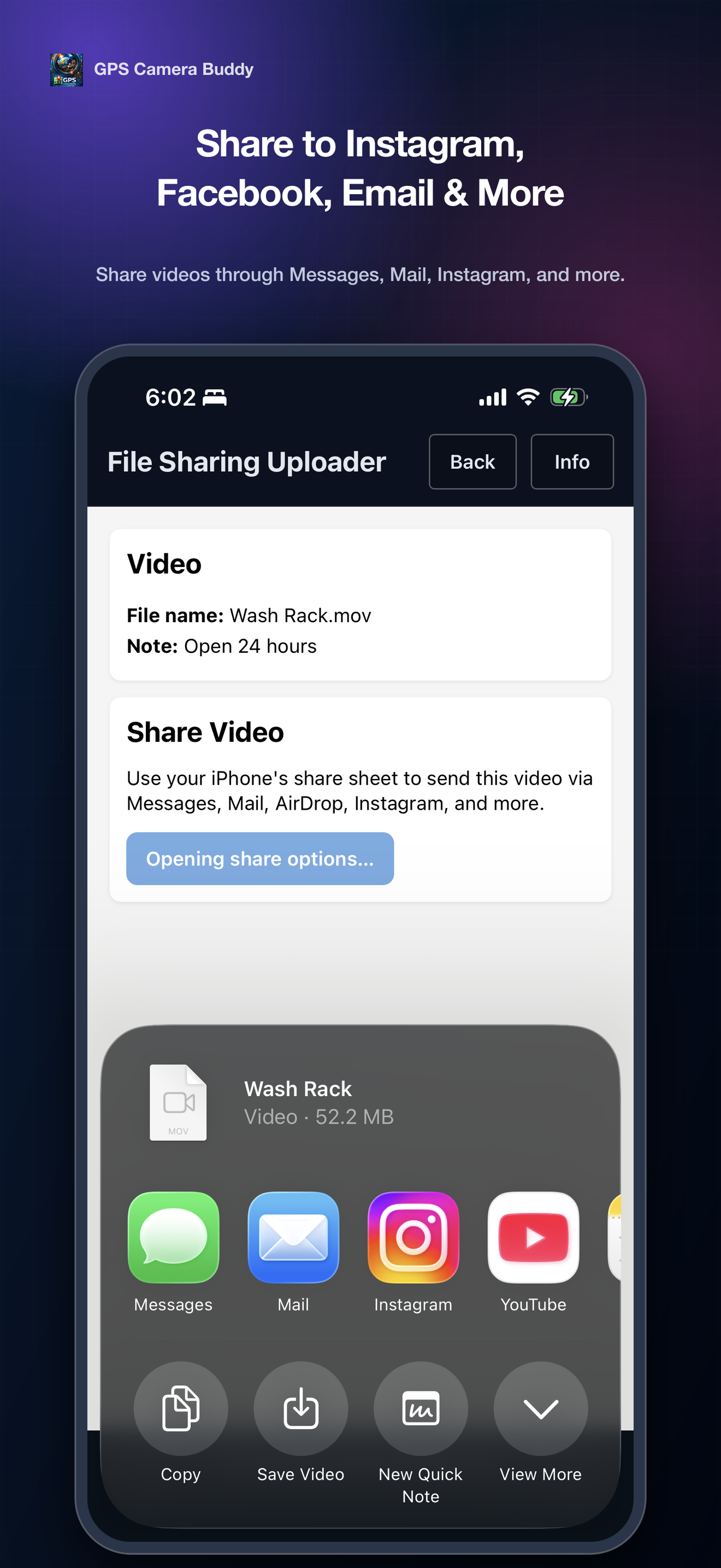 Upload to Google Drive or Dropbox, or use the iOS share sheet with compatible installed apps